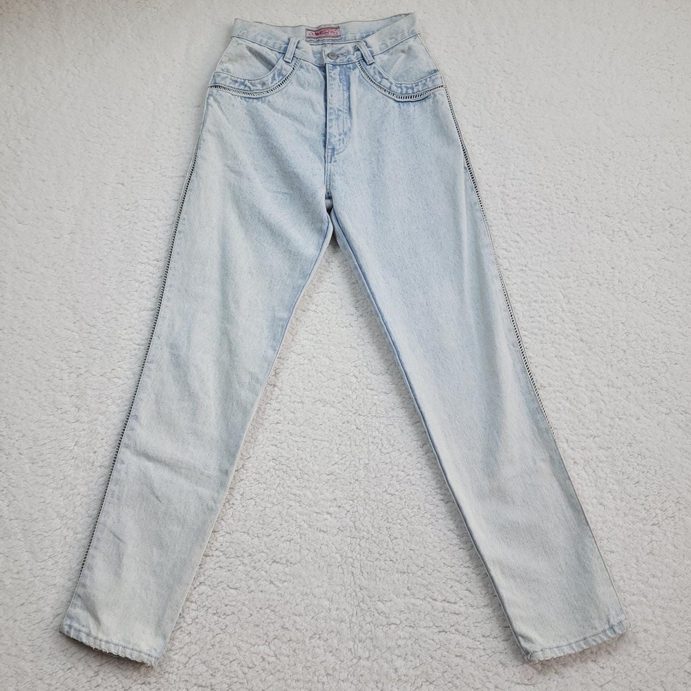 Jordache High Rise Tapered Jeans Womens 7/8 Light Acid Wash Lattice Detail VTG